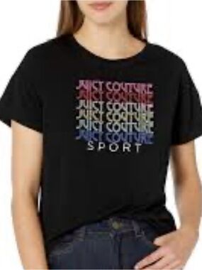 Juicy Couture Black Tee with Multi Color Sport Logo Sz M XC Polyester Blend